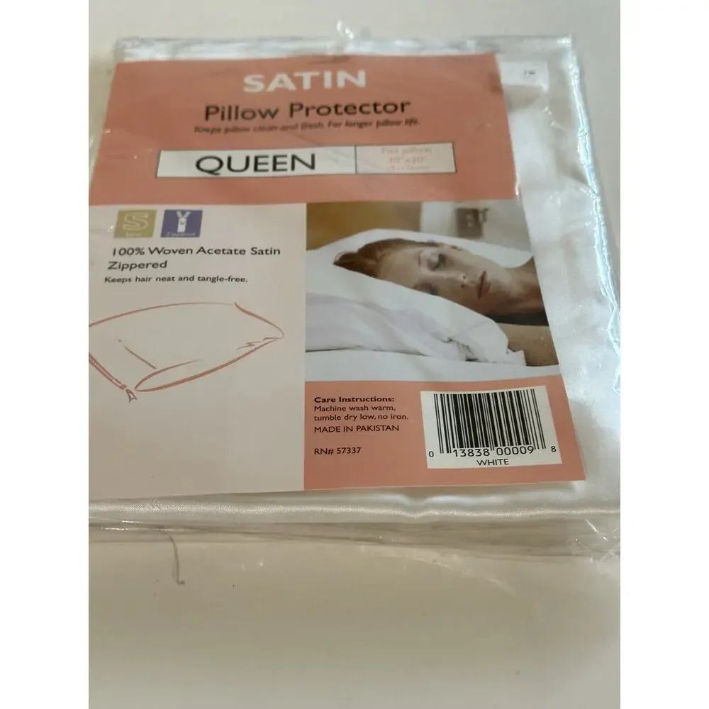 Satin Pillow Protector Queen Size White Sateen 100% Woven Zippered 20”x30”‎